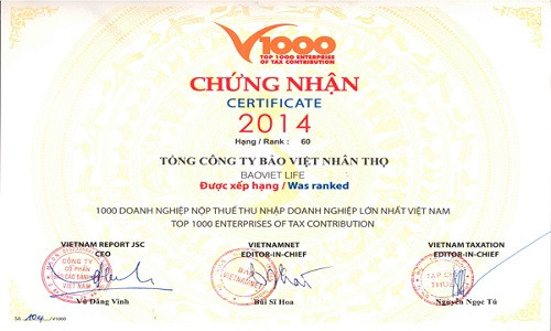 Bảo Việt Nhân thọ vinh dự nằm trong Top doanh nghiệp nộp thuế lớn nhất Việt Nam