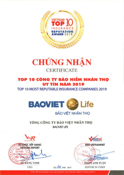 Bảo Việt Nhân Thọ nhận chứng nhận Top 10 Công ty Bảo hiểm uy tín nhất năm 2019