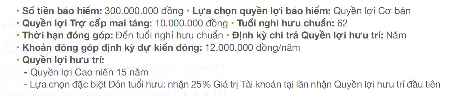 Khách hàng Nguyễn Văn A là nhân viên là nhân viên kinh doanh, 30 tuổi, tham gia Hưu Trí An Khang cho bản thân với những thông tin chi tiết như sau: