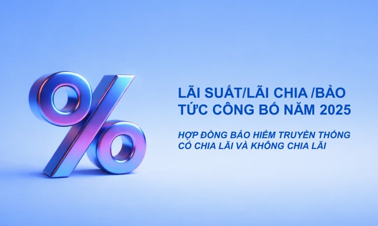 Thông báo lãi suất/lãi chia/bảo tức công bố năm 2025 và lãi suất/ lãi chia/bảo tức dự kiến 2026 cho các hợp đồng bảo hiểm truyền thống có chia lãi và không chia lãi
